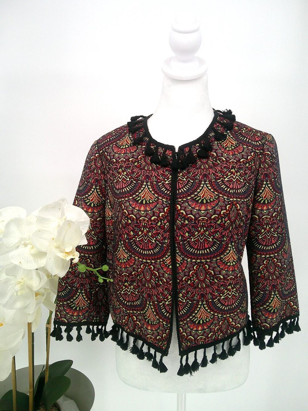 Chelsea & Violet Womens Size S Jacquard Print Tassel Detail Bolero Crop Jacket